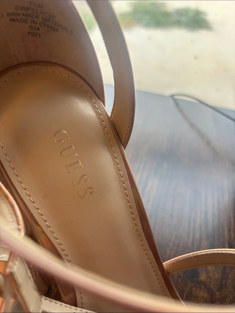 GUESS Iridescent Rose Gold Strappy Stiletto Sandals